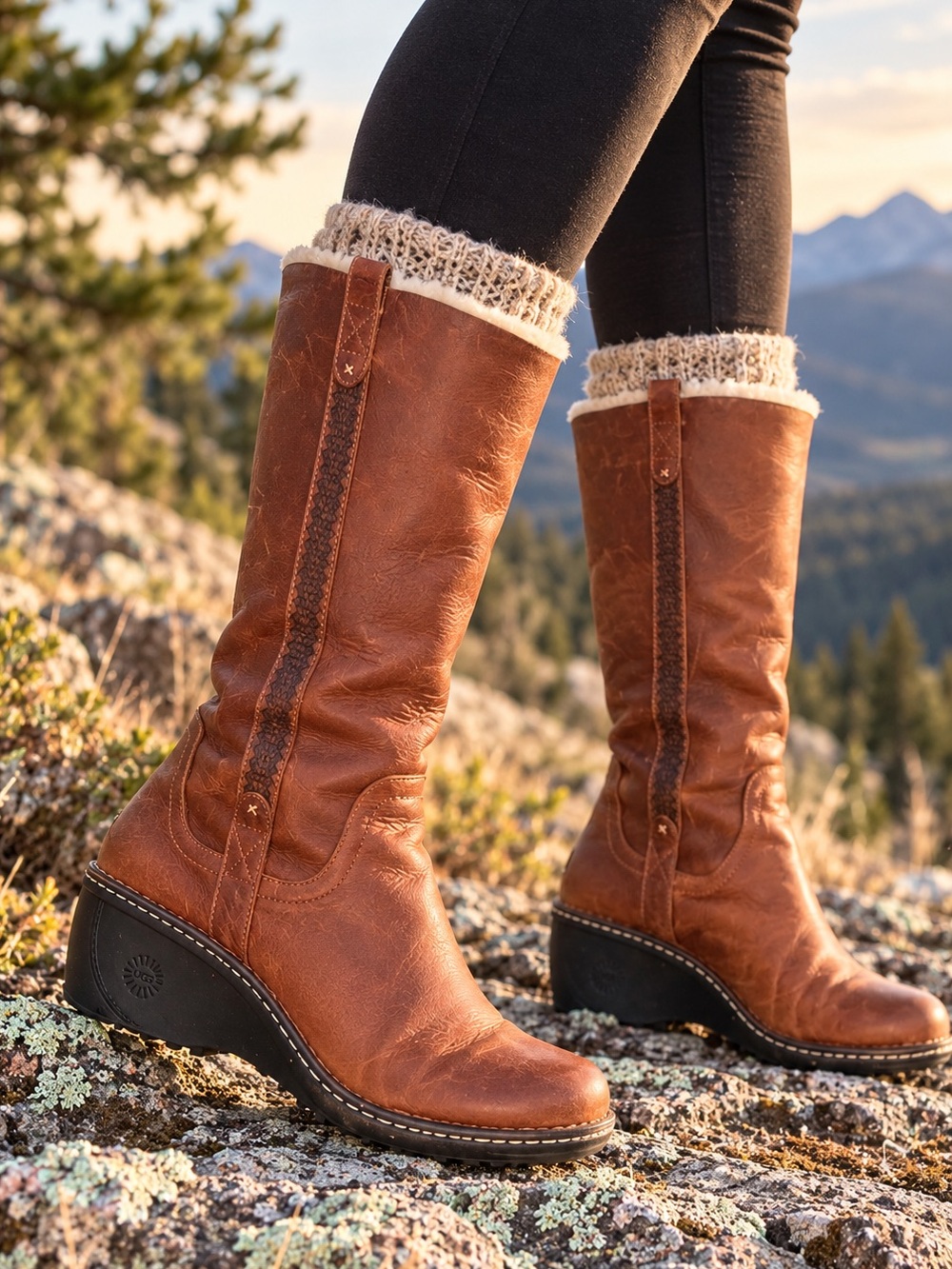 UGG Australia Leather Wedge Boots Tall Shearling Lined Brown Size 8 Like New